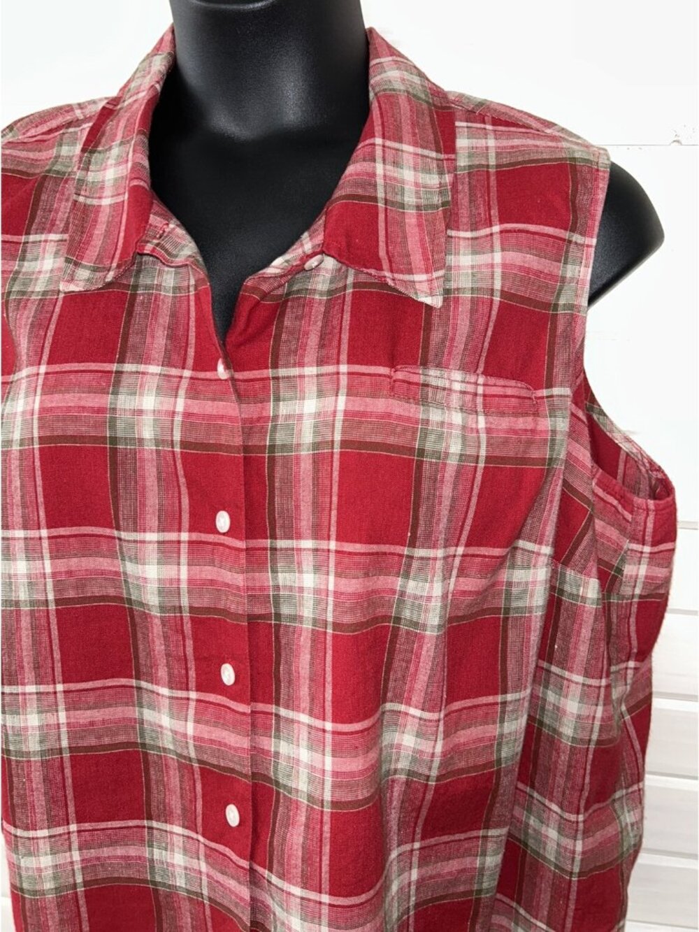 VTG Talbots Sz PETITES PLUS 24W Red Plaid Sleeveless Irish Linen Shirt EUC
